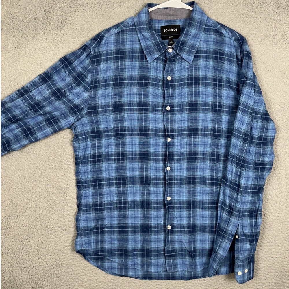 Bonobos Shirt Mens Large Slim Fit Blue Linen Blend Plaid Button Down Long Sleeve